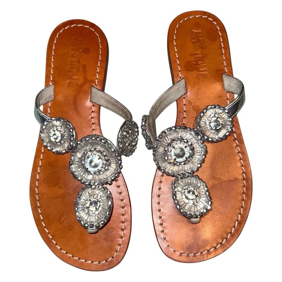 MYSTIQUE Vintage Leather Crystal Rhinestone Jewel Thong Flip Flops Size 6 - Picture 4 of 9